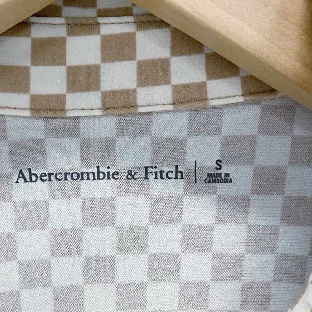 Abercrombie & Fitch Tan & White Checkered Collared Long Sleeve Button-up Top S - Picture 5 of 10